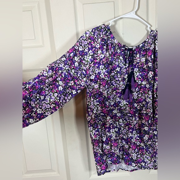 Purple Ditsy Floral Boho Blouse Tassel Tie Neck Flowy Top - Picture 6 of 9